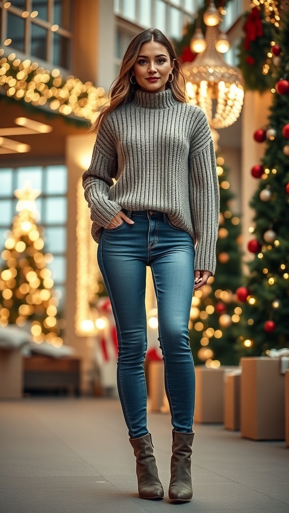 Stylish Baggy Christmas Outfit Ideas for Women A woman in a baggy Christmas outfit with an oversized sweater and jeans, set in a festive holiday backdrop.